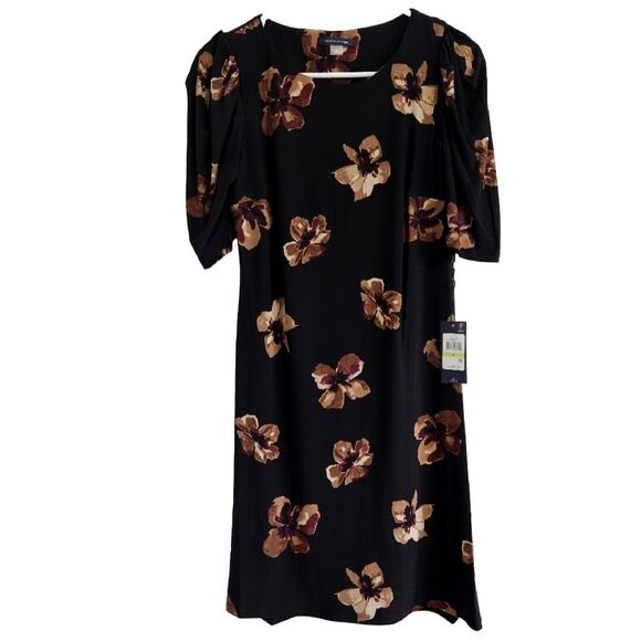 Tommy Hilfiger Black & Brown Floral Sleeved Midi Dress Women's Size 4 NWT - Picture 1 of 6